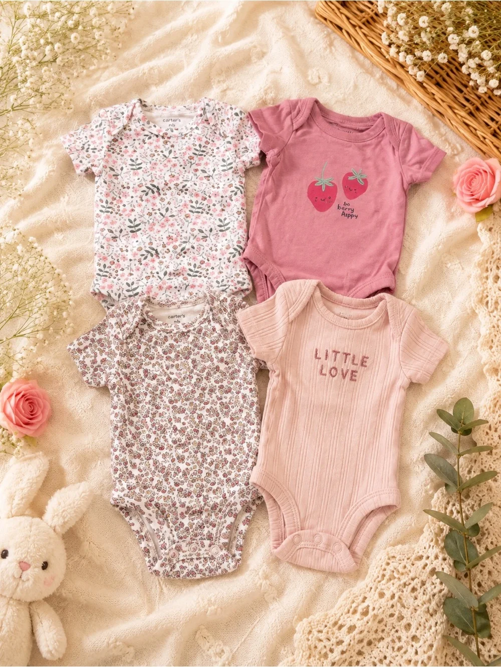 Carter's Pink Floral & Strawberry Short-Sleeve Baby One-Piece Bodysuit Set